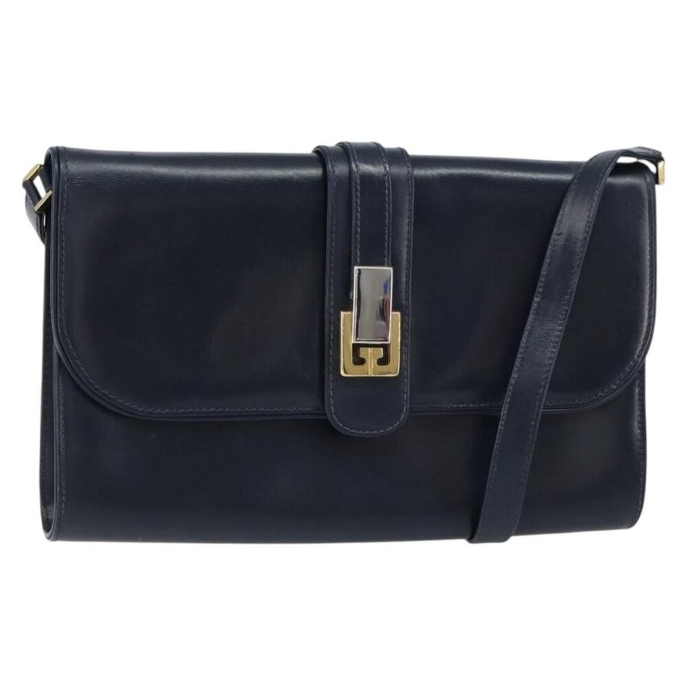 Authentic GUCCI Shoulder Bag Leather Navy Gold